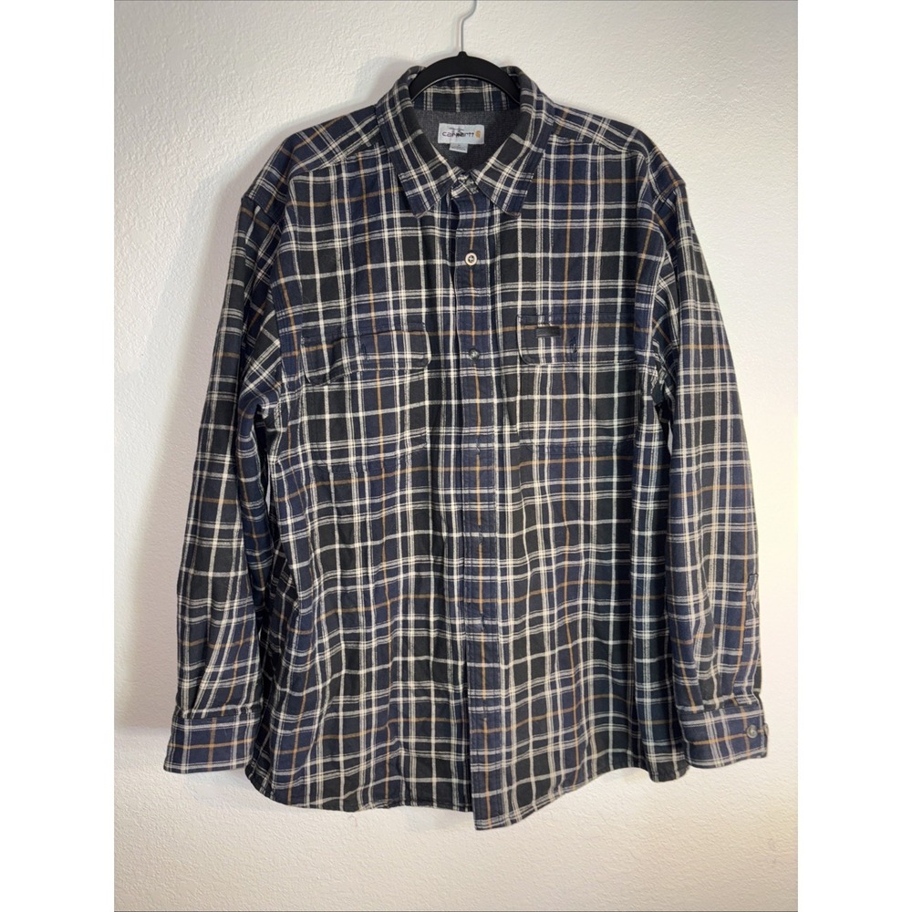 Carhartt Loose Fit Workwear Cotton Flannel Plaid Shirt Mens Size Lg Blue Plaid